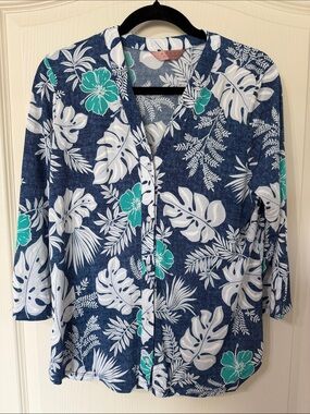 Navy Floral Button-Down Shirt with Teal Accents